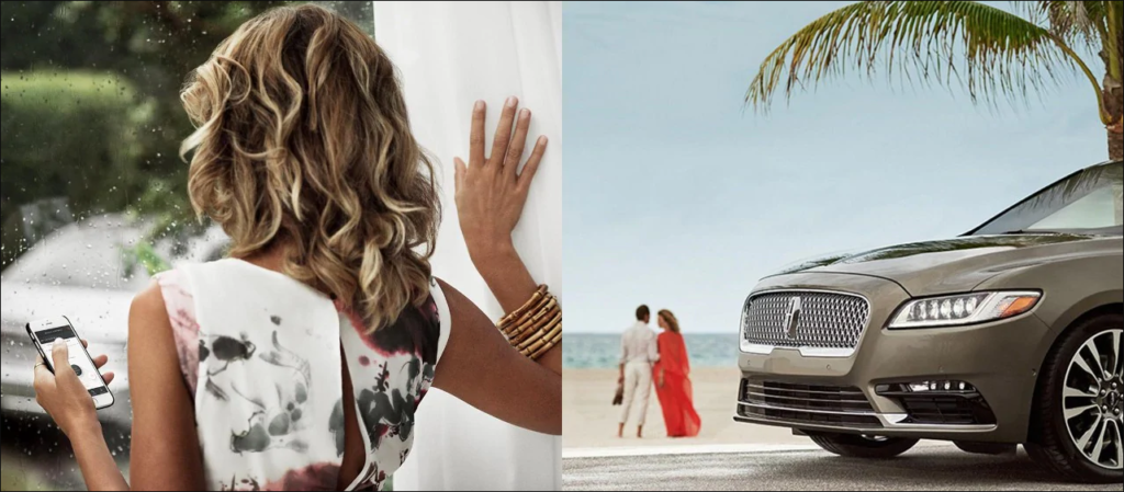 Woman holding phone by window, beach scene with luxury car and walking couple under palm tree.
