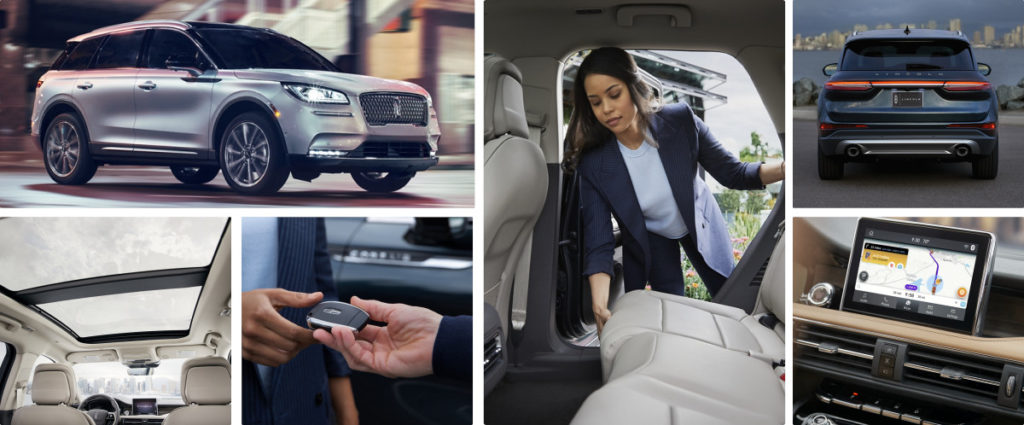 Collage showcasing a luxury SUV, interior features, skylight, a person adjusting seats, and touchscreen navigation.