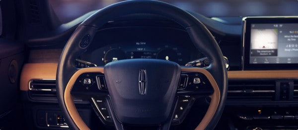 Close-up of a car's steering wheel and dashboard with digital displays and control buttons.