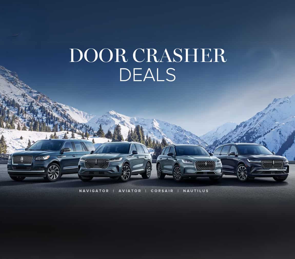 Lineup of Lincoln SUVs including Navigator, Aviator, Corsair, and Nautilus with snowy mountain background promoting Door Crasher Deals