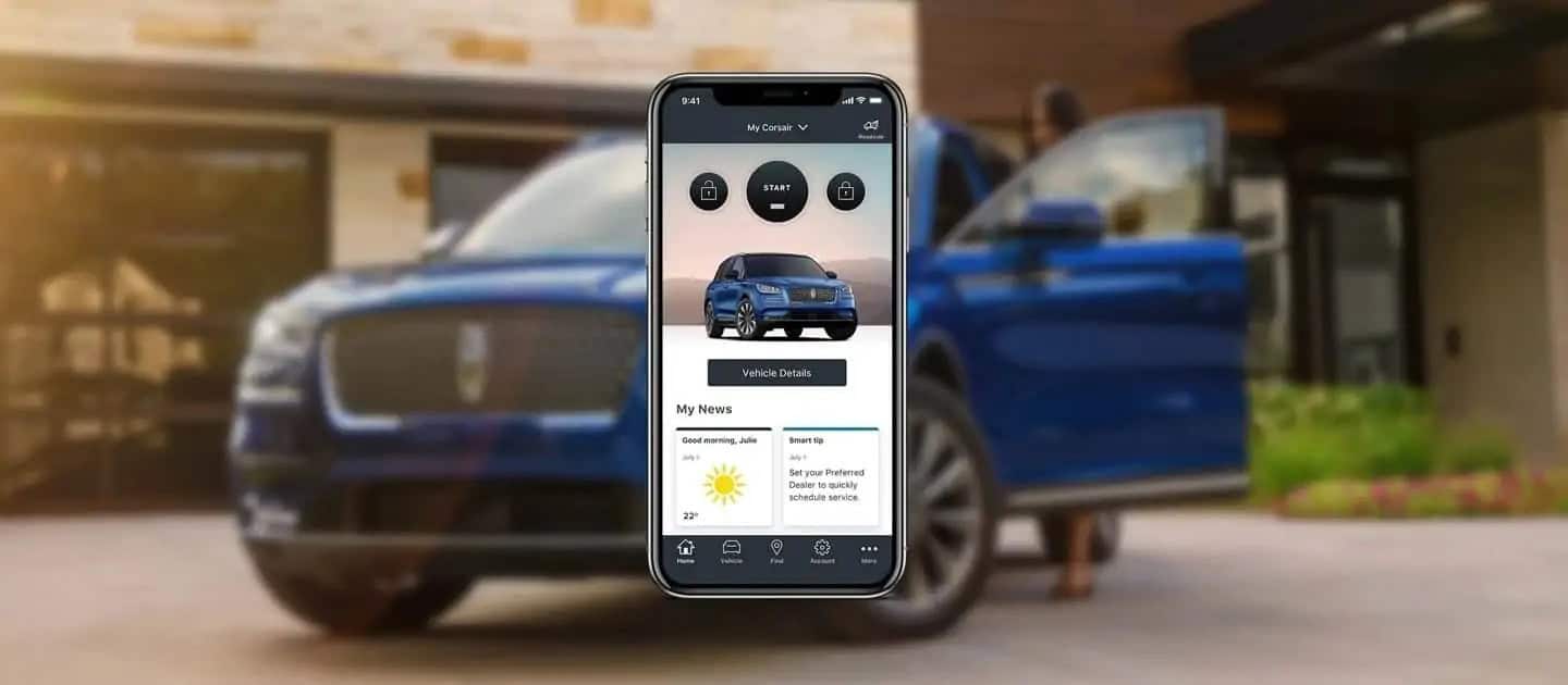 Smartphone app interface with vehicle controls displayed, in front of a blue car and house.