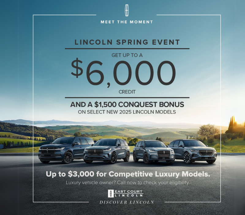 Lineup of 2025 Lincoln SUVs with offer of up to $6,000 credit and $1,500 conquest bonus during the Lincoln Spring Event