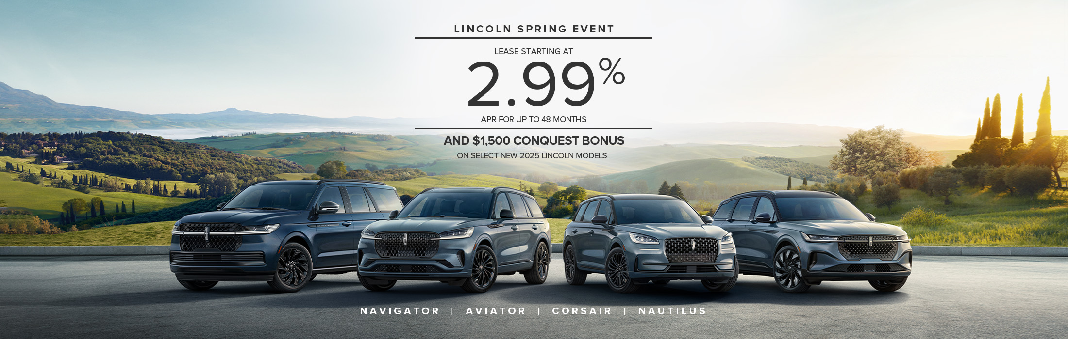 Lineup of 2025 Lincoln SUVs with offer of up to $6,000 credit and $1,500 conquest bonus during the Lincoln Spring Event