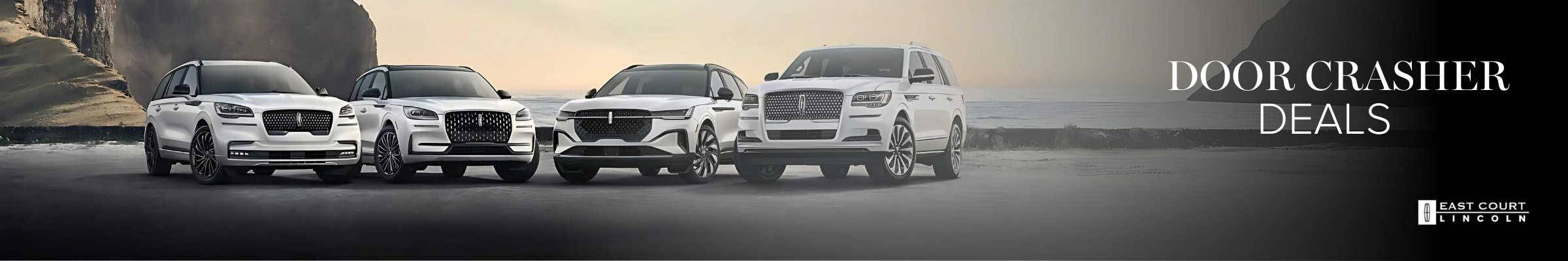 Lineup of white Lincoln SUVs parked on a beach with Door Crasher Deals text and East Court Lincoln logo
